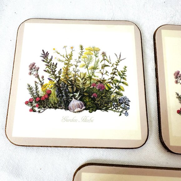 Pimpernel De Luxe Garden Herbs Coasters Set of 5 Garlic Rosemary Thyme Cork 4” - Picture 7 of 10